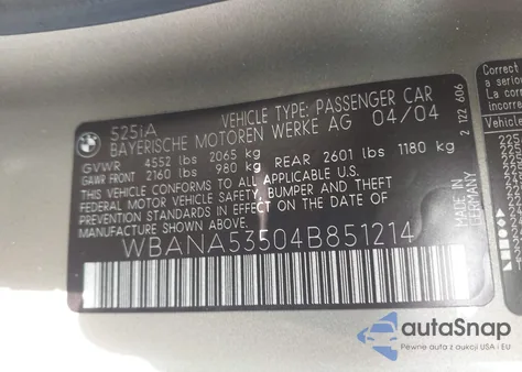 2004 BMW 525I from USA, damaged, VIN WBANA53504B851214